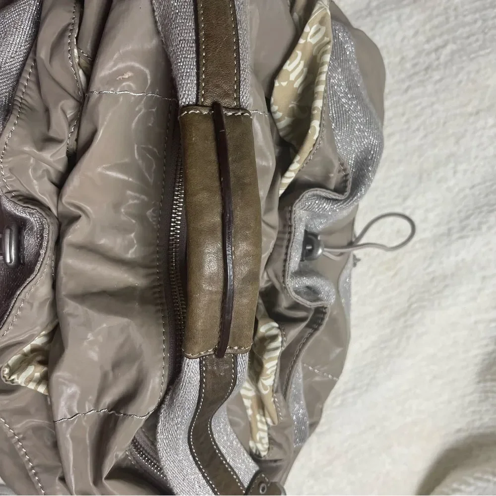 Juicy Couture Nylon taupe & cotton silver shimmery hobo bag leather strap